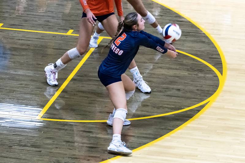 Oswego's Avery Borowski passes to a teammate during a 4A sectional varsity volleyball game against Joliet West at Joliet West on Nov. 4, 2025.
