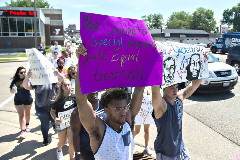 Led by Dixon Police Officers on bicycles, an estimated 110 mostly young protesters marched peacefully from John Dixon Park to the Dixon arch and back to make known their frustrations on the systematic treatment of black individuals by the police. Nationwide violence and worldwide protests have erupted after George Floyd was asphyxiated by a Minneapolis police officer.