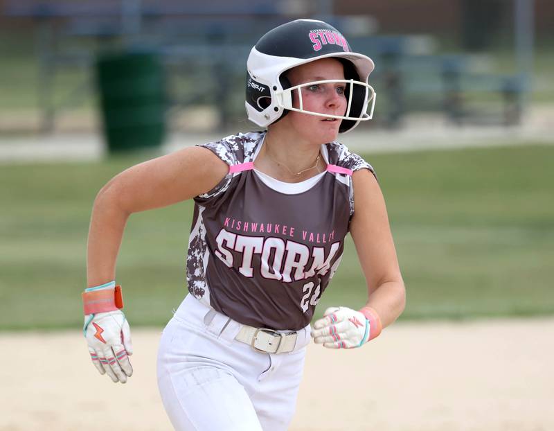 Kishwaukee Valley Storm's Kaylee Knabe runs to third Friday, June 27, 2025, during their 16u game against Northern Ice in the Storm Days tournament at the Sycamore Community Sports Complex.
