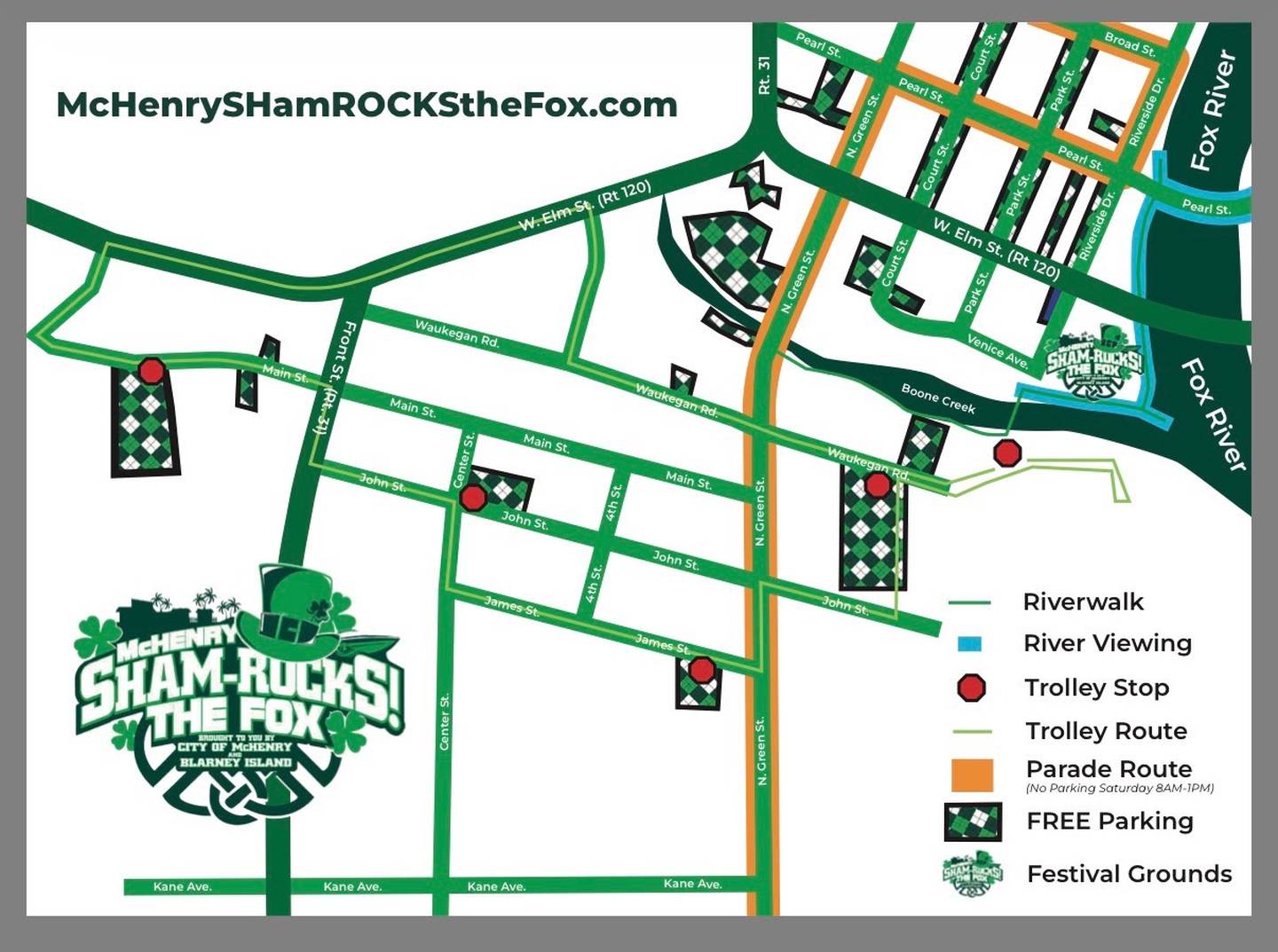McHenry's suggested parking for ShamROCKS the Fox, March 13-15, 2026. A trolley is available take event-goers to the downtown areas and back again.