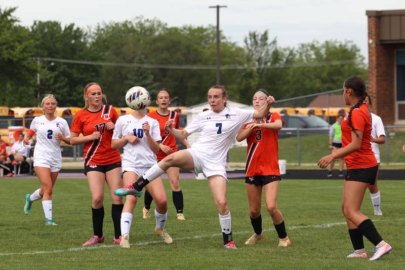 Peotone's Saleh Turner connects for a shot attempt during Peotone's 2-1 victory over Beecher in the Class 1A Manteno Regional championship on Friday, May 22, 2026.