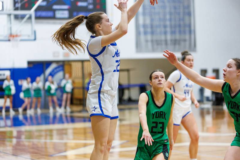 St. Charles North's Kaelie Tomalak shoots the go ahead three pointer against York in Overtime at the Class 4A Regional Final on Thursday, Feb.19,2026 in St. Charles.