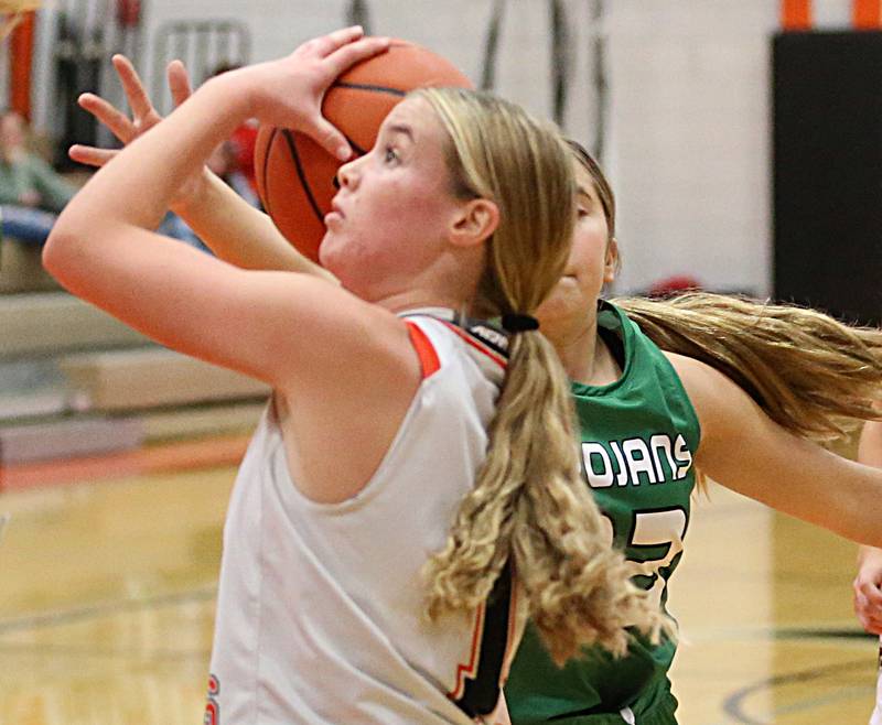 Flanagan-Cornell Woodland's Ella Derossett (1) gets by Dwight's Kassy Kodat (13) in the Integrated Seed Lady Falcon Basketball Classic tournament on Thursday, Nov. 17, 2022 in Flanagan.