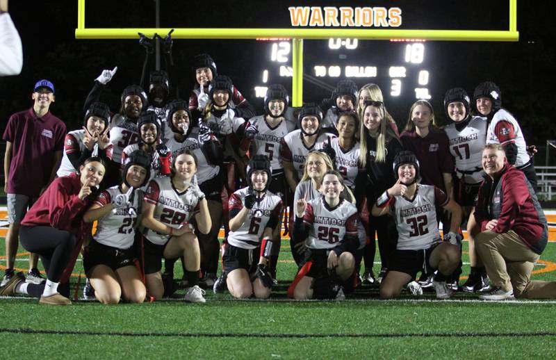 Antioch celebrates their win against McHenry in IHSA Regional Title Game action flag football at McHenry High School in McHenry on Thursday, Oct. 10, 2024.