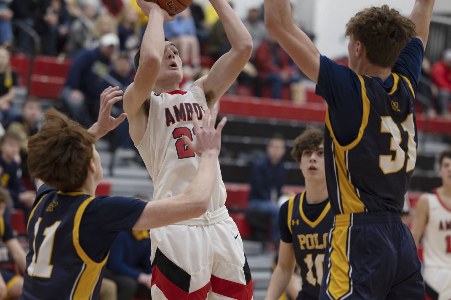 Amboy’s Troy Anderson spots up a jumper Wednesday, Jan. 25, 2023 in a game against Polo.