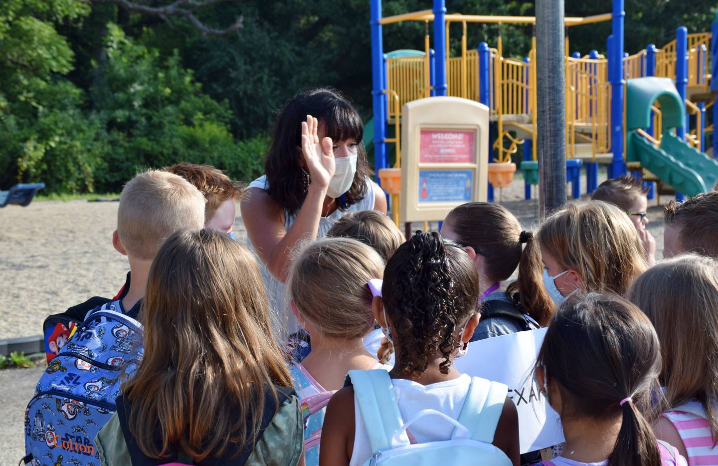First grade teacher Sarah Alexander talks to her students before the first day of school Aug. 18, 2021 at North Elementary School in Sycamore.
