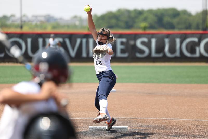Lemont’s Sage Mardjetko delivers a pitch against Antioch in the Class 3A state championship game on Saturday, June 10, 2023 in Peoria.