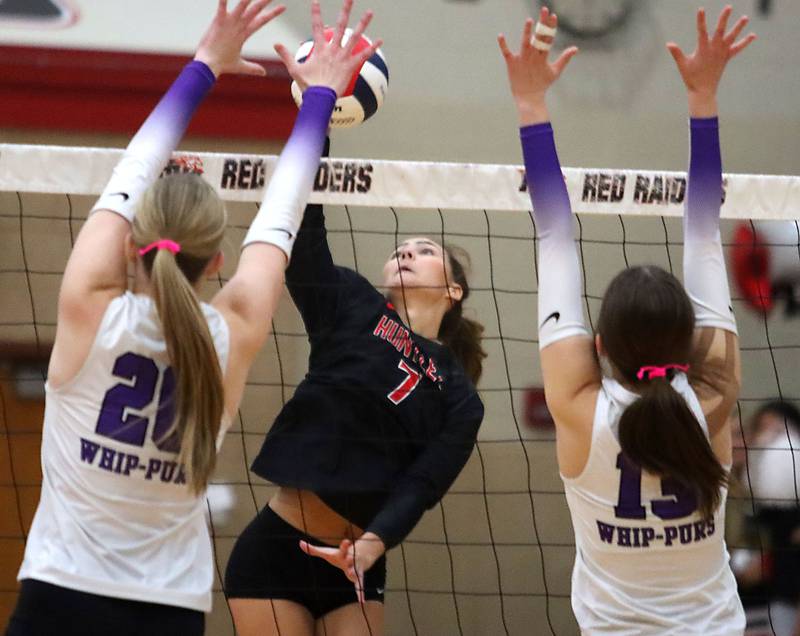 Huntley’s Mia Jacobelli hits the ball against  Hampshire  in girls varsity volleyball at Huntley High School on Thursday, October 23, 2025.
