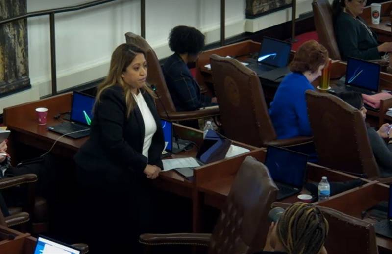 Sen. Celina Villanueva, D-Chicago, speaks in favor of a wide-ranging measure aimed at shoring up Illinois’ position as a “haven” for abortion access in the Midwest. The measure passed both the House and Senate Tuesday night on the final day of the lame duck legislative session