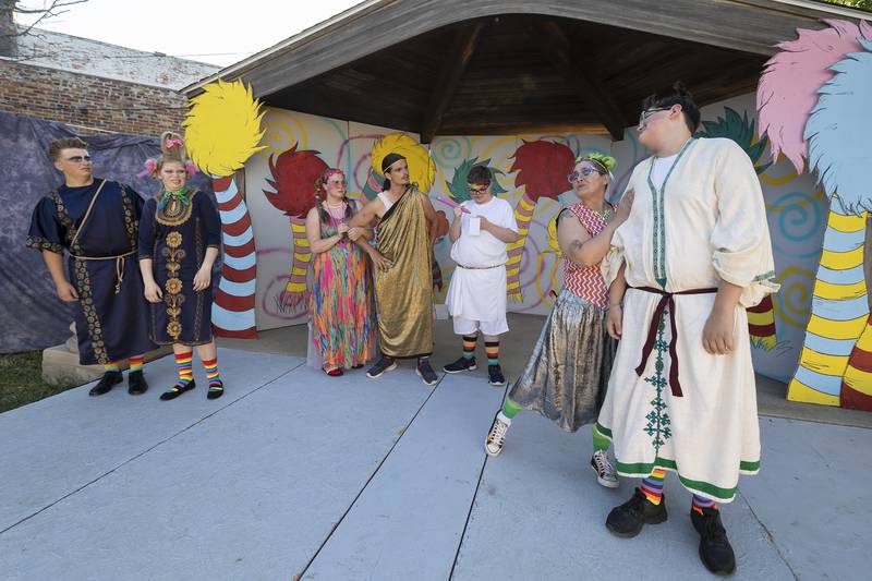 Cast members for PACT’s rendition of “The Seussification of a Midsummer Night’s Dream,” rehearse a scene Wednesday, July 9, 2025, at Louise Quick Park in Polo.