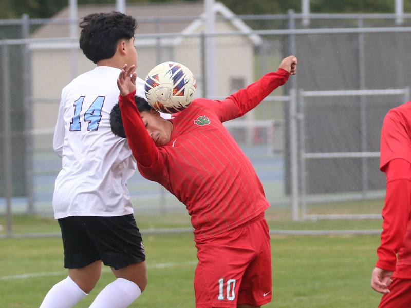 L-P's Ismael Mejia knocks the ball away from Kankakee's Jose Torres during the Class 2A Regional title game on Saturday, Oct. 25, 2025 at Ottawa High School.