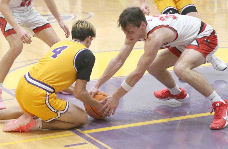 Mendota's Johan Cortez and Hall's Braden Curran fight over a loose ball on Tuesday, Feb. 3, 2026 at Mendota High School.