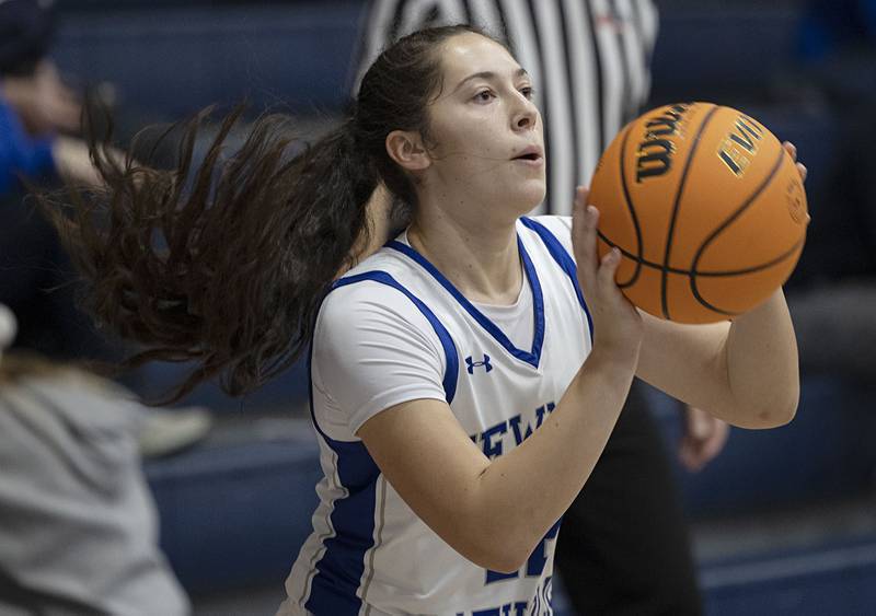 Newman’s Anna Propheter spots up for three against Mendota Thursday, Dec. 4, 2025.