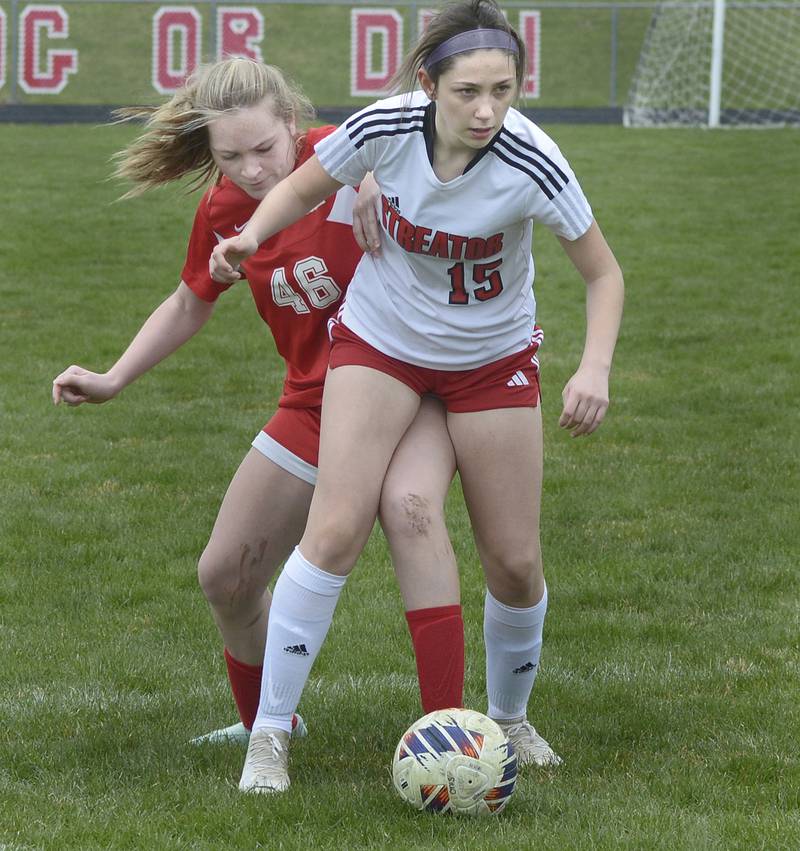 Streator’s  Audrey Arambula gains control of the ball during a match Saturday against Ottawa at Ottawa.