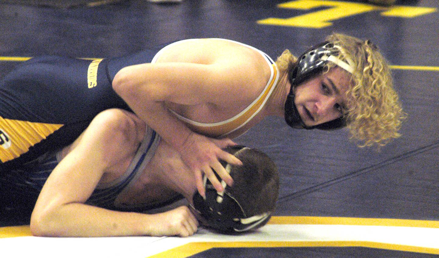 Sterling's Zyan Westbrook (top) battles Newman's Zhyler Hansen (bottom) in the 120-pound championship match. The action took place on Saturday, Dec. 2, 2023, at Sterling High School's 45th Annual Carson DeJarnatt Tournament.