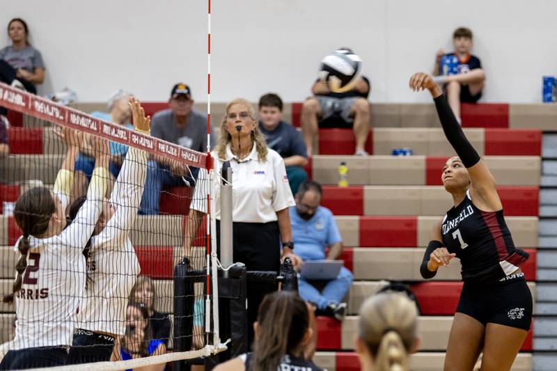 Plainfield North's Gia Burton attempt a spike during a varsity volleyball home game against Morris on Sept. 2, 2025.