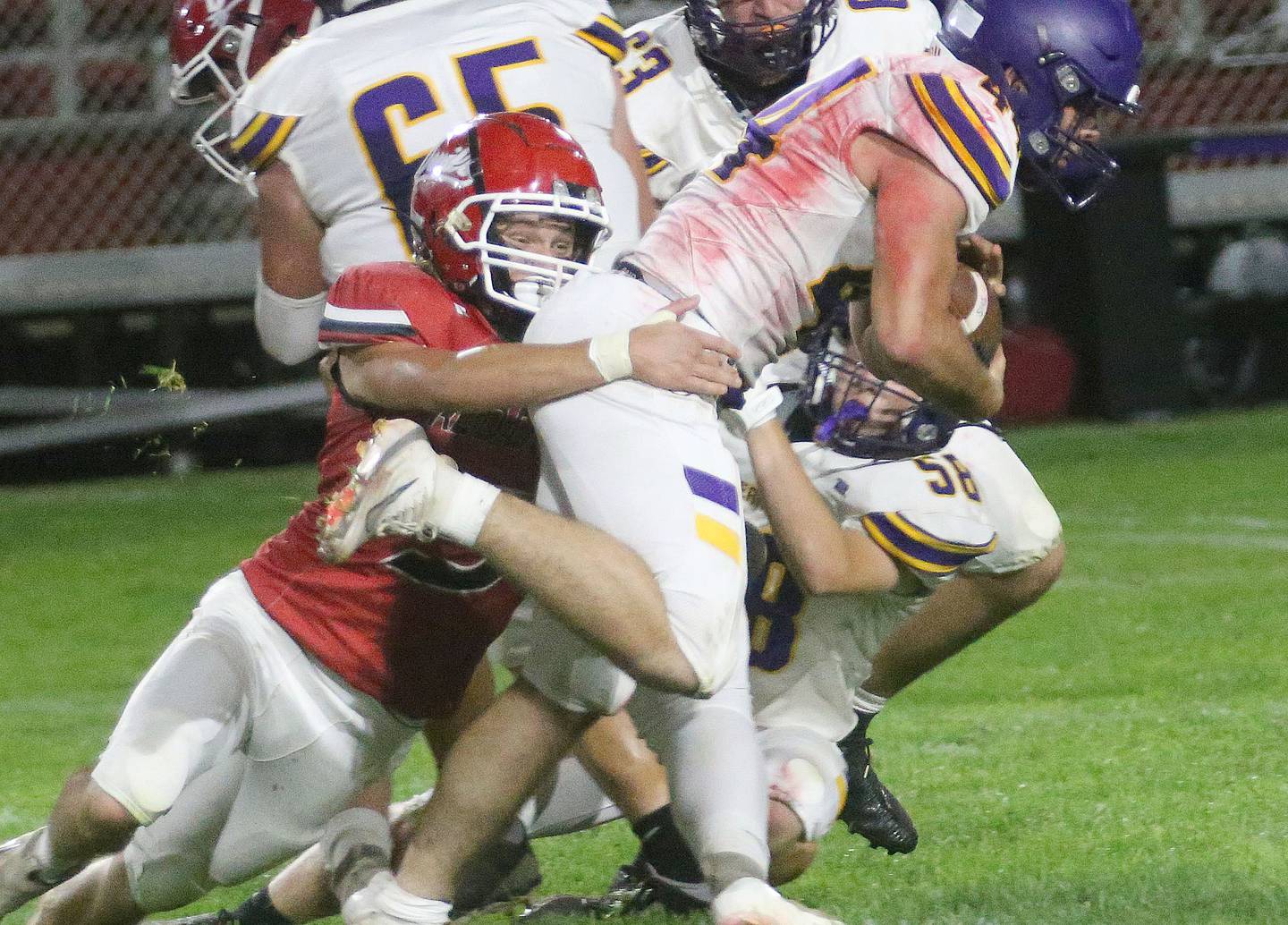 Hall's Hunter Corsolini stops Sherrard's Cooper Thomas on a carry on Friday, Sept. 19, 2025 at Richard Nesti Stadium.