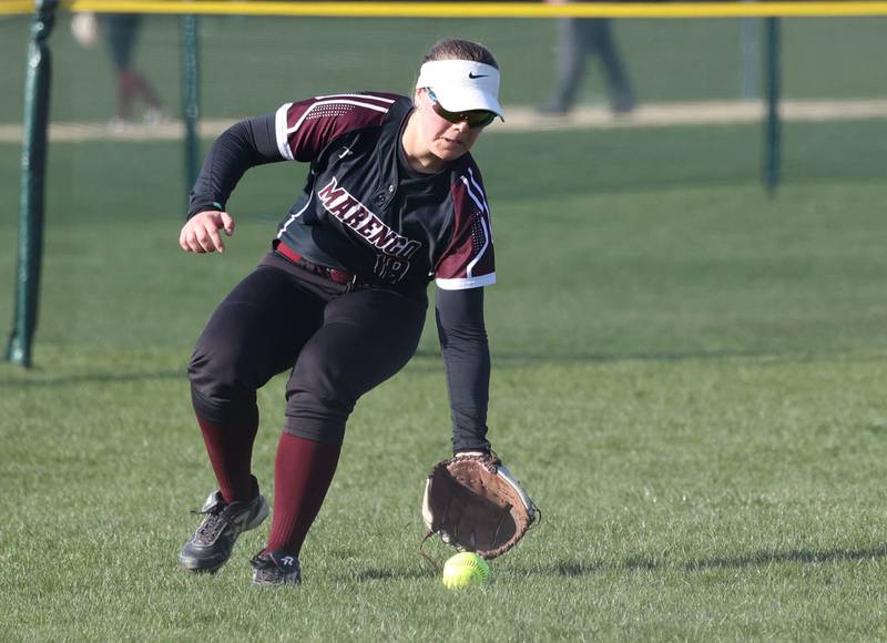 Marengo's Alyssa Pollnow fields a ball in left field Friday, April 11, 2025, during their game at Sycamore High School.