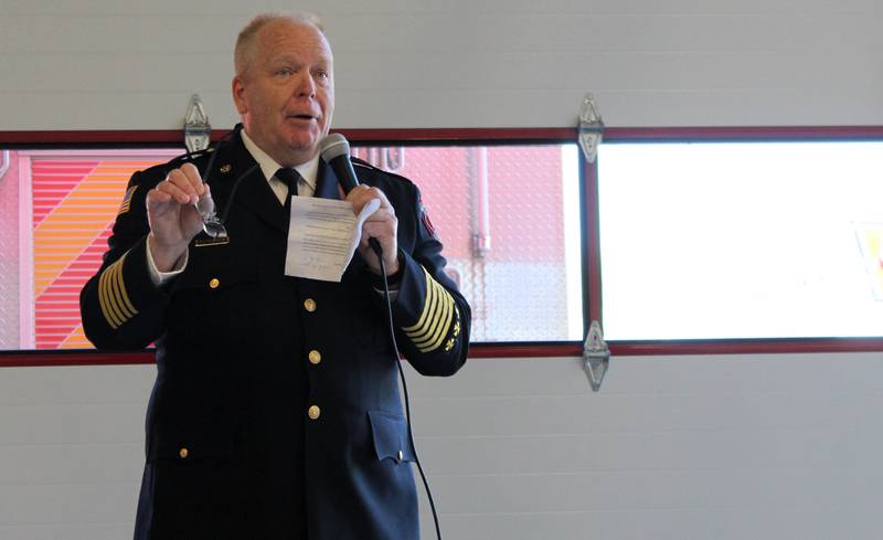 Fire Chief Mike Thomas makes introductions at the grand opening for DeKalb Fire Station No. 4 at 1130 S. Malta Road on Saturday, April 26, 2025.