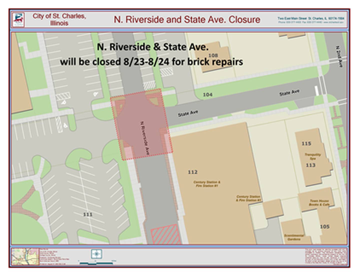 The city of St. Charles is repairing brick crosswalks on north Riverside Avenue, near Fire Station #1 Aug. 21-24, 2023.