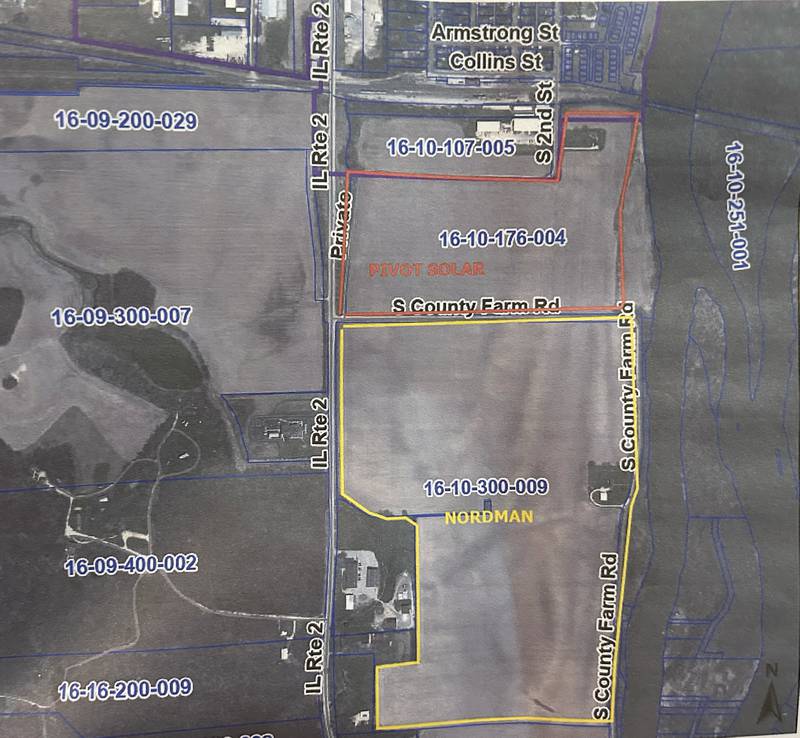 A proposed solar farm south of Oregon is shown here, bordered in red. Oregon officials voted Tuesday, Nov. 26, 2024 to approve a resolution opposing the project because the property is along the Rock River and includes river access.