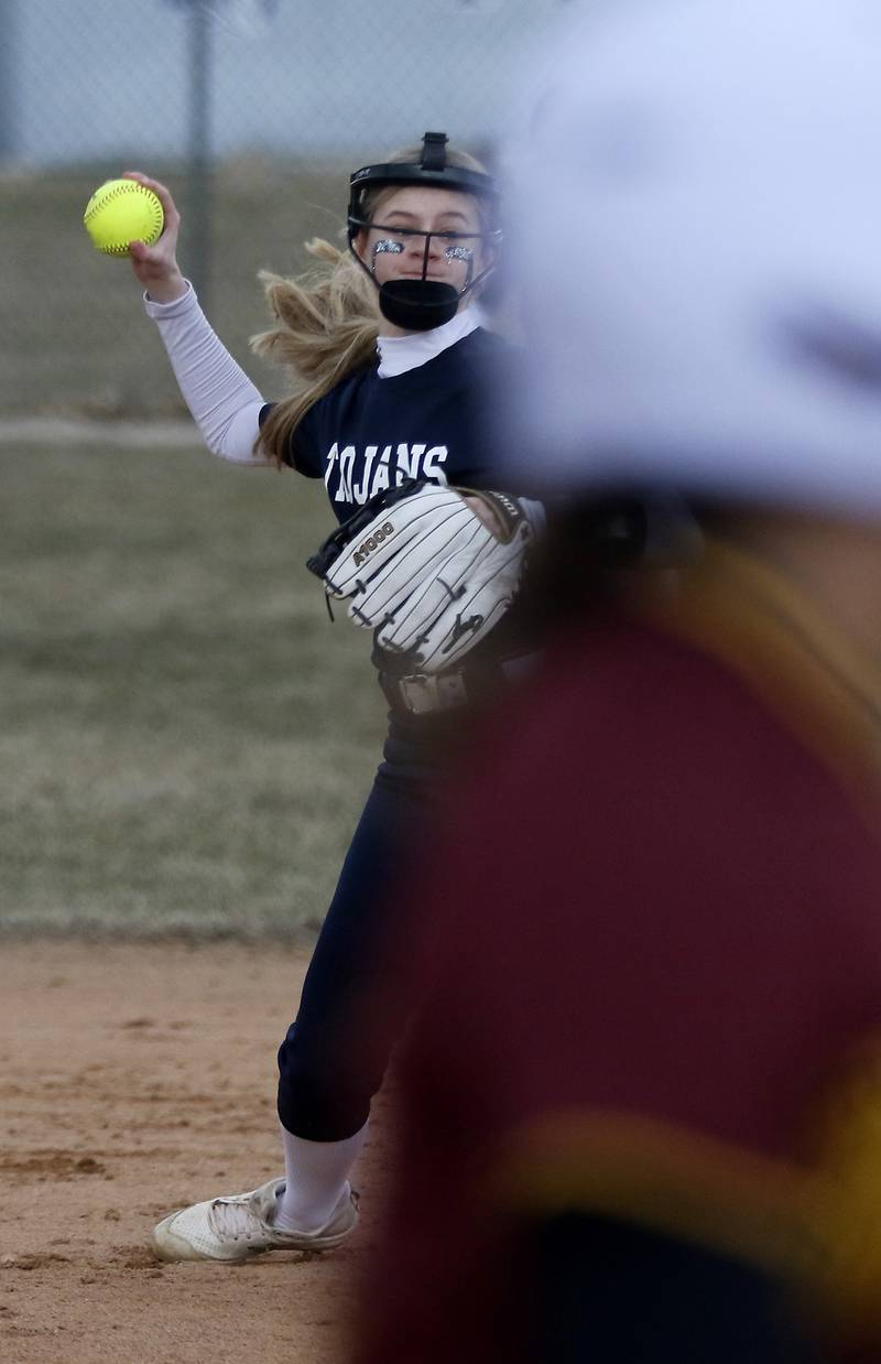 Cary-Grove’s Aubrey Lonergan throws to first base to get the runner out during a non-conference softball game against tRichmond-Burton Tuesday, March 21, 2023, at Cary-Grove High School.