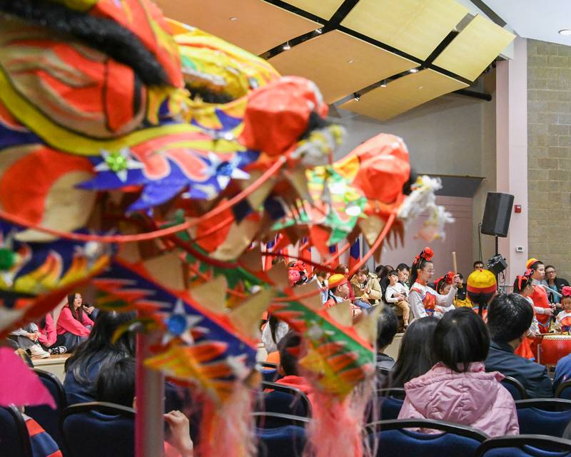 Students from the Jhong Jheng Elementary School Suona and Drum Ensemble from Kinmen, Taiwan, demonstrates the different instruments used during the performance on Saturday April 19, 2025, held at the Taiwanese American Chamber of Commerce building in Westmont.