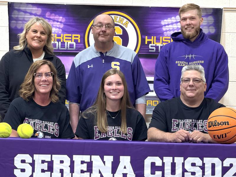 Recent Serena graduate and multiple-sport Times All-Area first-teamer Jenna Setchell (seated at center) has committed to continue her education at Illinois Valley Community College in Oglesby and both her basketball and softball careers at the NJCAA level with the Eagles. Setchell is pictured here surrounded by family and her coaches at Serena.