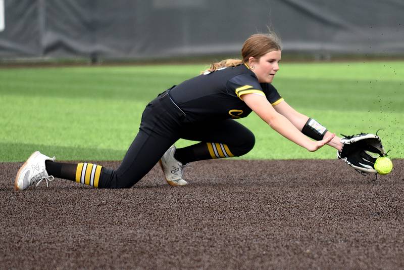 Reed-Custer's Adalyn Steichen dives for a grounder during the Class 2A Seneca Regional semifinals against Seneca Tuesday, May 19, 2026.