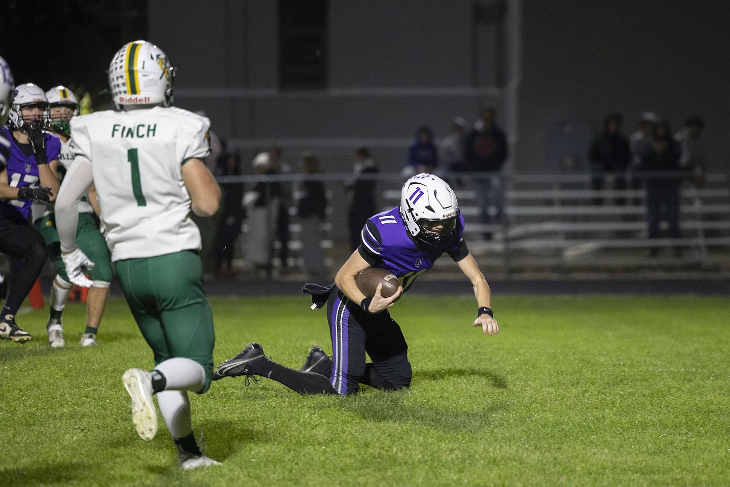 Dixon’s Jagger Kemp falls into the end zone for the Duke’s first TD against Coal City Friday, Nov. 7, 2025.
