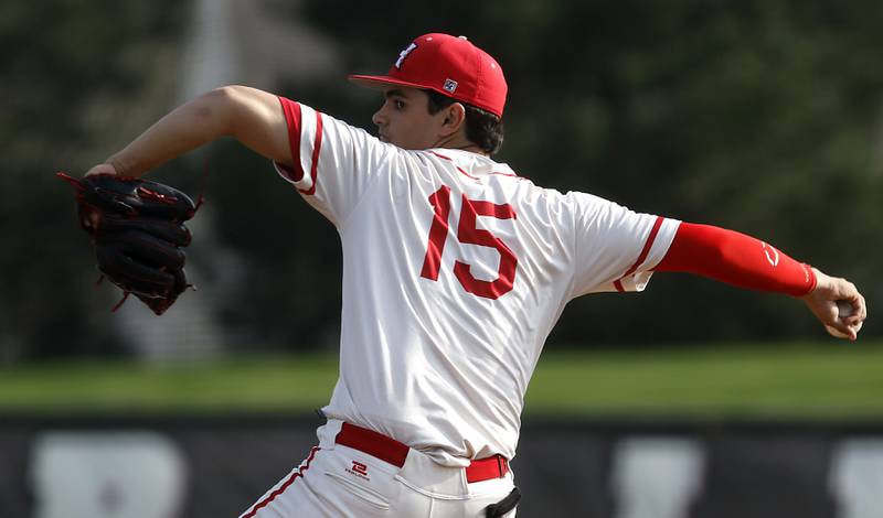 Huntley's Mason Leske throws a pitch during a Fox Valley Conference baseball game against Hampshire on Monday, April 28, 2025, at Huntley High School.