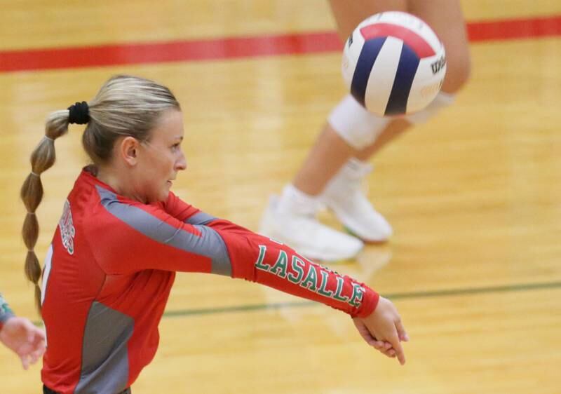 L-P's libero Taylor Martyn (2) hits the ball against Ottawa on Thursday Sept. 22, at AJ Sellett Gymnasium.