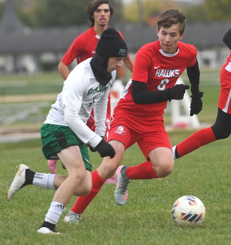 Oregon's Nick Ciesel (8) guards a North Boone player during 1A regional action in Byron against North Boone on Tuesday, Oct. 21, 2025.