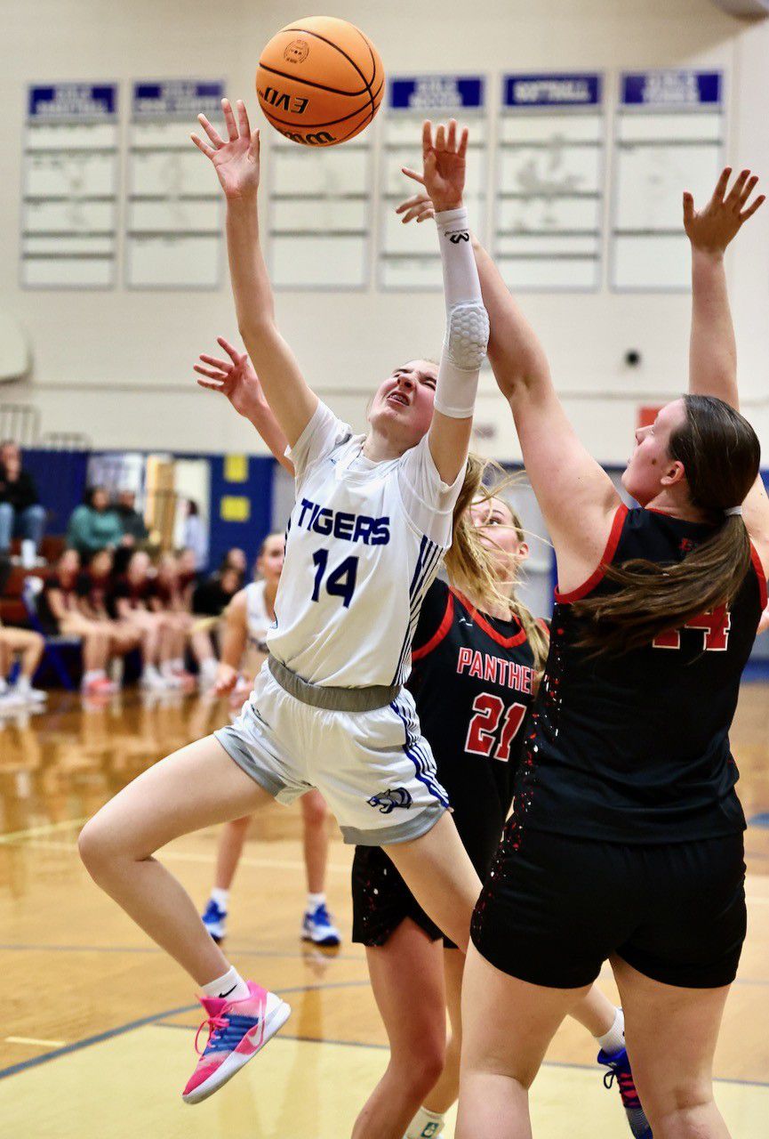 Princeton sophomore Payton Brandt works the post against E-P Tuesday night at Prouty Gym. The visiting Panthers won 51-40.