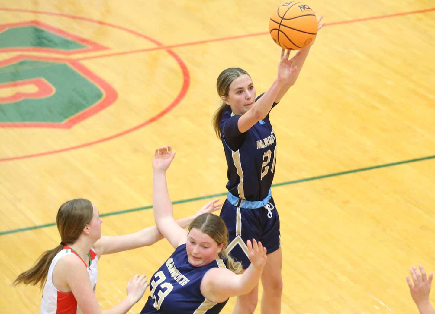 Marquette's Kaitlyn Davis shoots a jump shot against L-P on Saturday, Jan. 4, 2025 in Sellett Gymnasium at L-P High School.