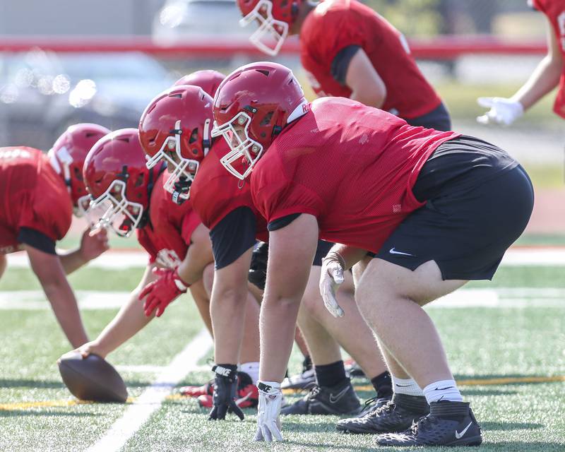 Brennan Lackey gets set at his left tackle position at Yorkville High School football practice, Monday, Aug 13, 2025  in Yorkville.