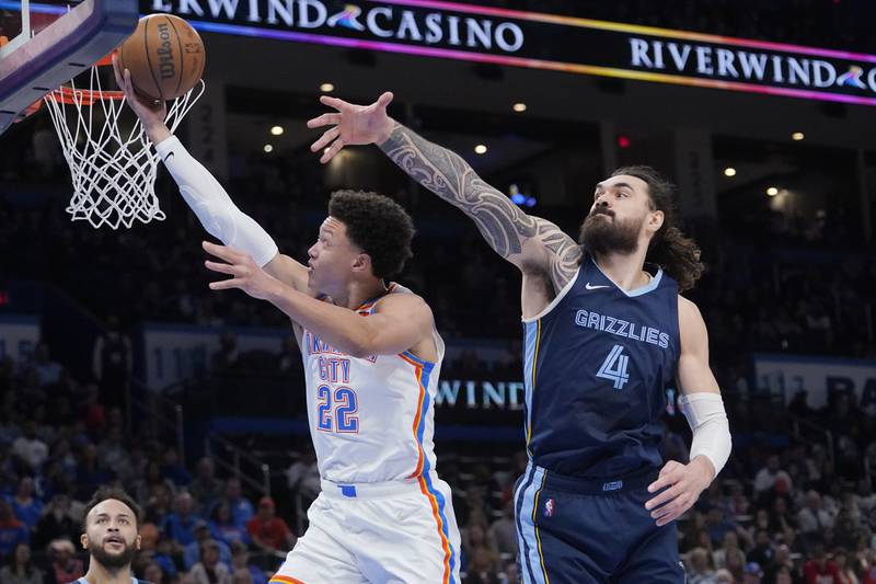 Oklahoma City Thunder forward Isaiah Roby (22) shoots against Memphis Grizzlies center Steven Adams (4) in the first half Sunday, March 13, 2022, in Oklahoma City. (AP Photo/Sue Ogrocki)