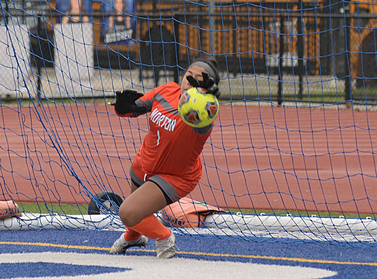 Morton West's goalie Fernanda Sanchez Duran prevents a penalty goal from Hinsdale Central during the regional final game held Saturday May 21, 2022.