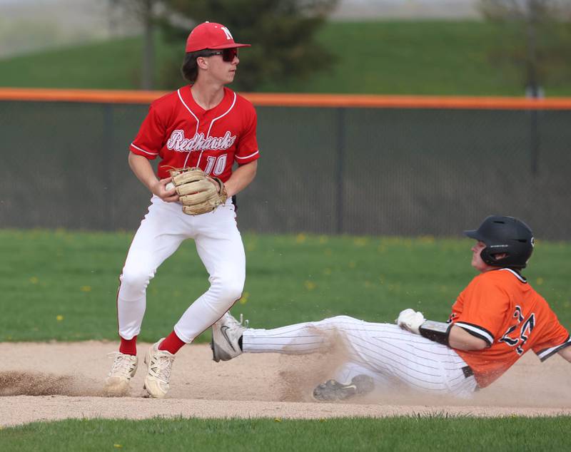 DeKalb's Evan Johnson is forced out at second by Naperville Central's Cooper Page Monday, April 28, 2025, during their game at DeKalb High School.