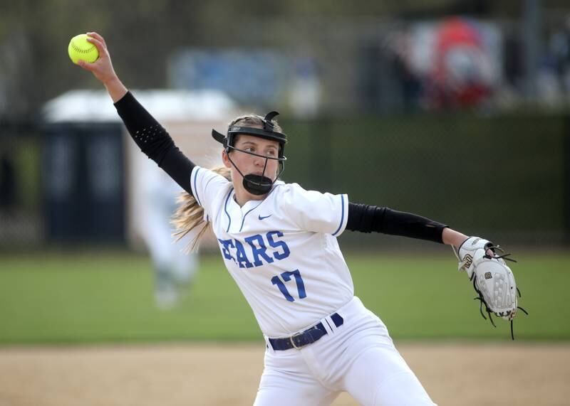 St. Charles North’s Ava Goettel pitches against St. Charles East during a home game on Monday, April 24. 2023.