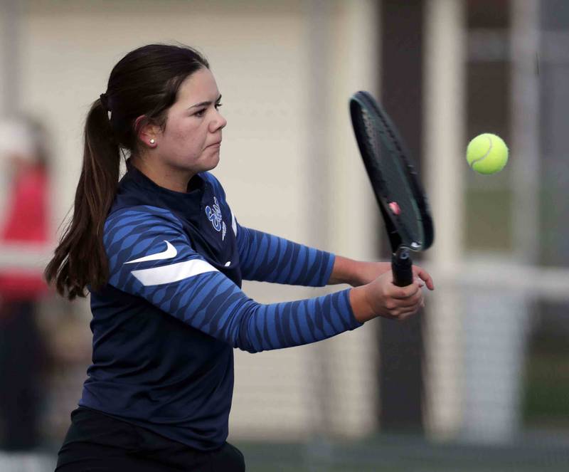 Mia Galassini, of Lincoln-Way East during the IHSA State girls tennis tournament Thursday October 20, 2022 at Hersey High School in Arlington Heights.