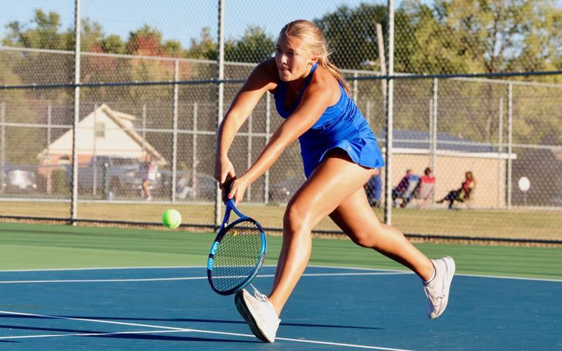 Princeton's Daphnie Grant makes a return in her home match at No. 2 singles on Thursday against Rochelle. The Hubs took the meet 3-2.
