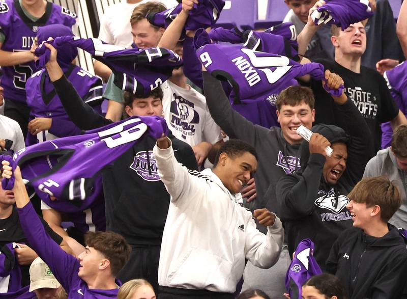 The Dixon student section tries to fire up their team Thursday, Oct. 30, 2025, during their Class 3A regional championship match against Sycamore in Rochelle.