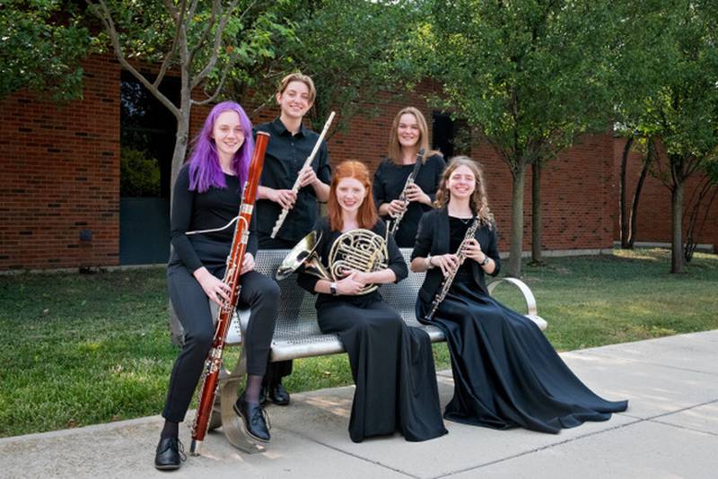 The Elgin Youth Symphony Orchestra's 2021-22 Earl Clemens Wind Quintet is composed of, left to right, Karsin Bader on bassoon, Gail Creighton on flute, Anna Creech on horn, Lizzy Wallace on clarinet and Linnea Diersen on oboe.