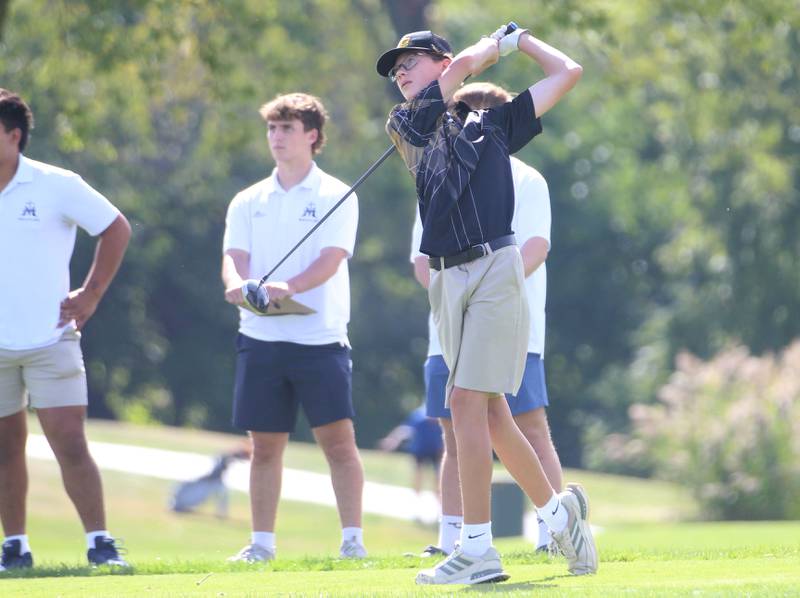Putnam County's Emmett Main tees off during the Class 1A Regionals on Wednesday, Oct. 1, 2025 at Deer Park Golf Club in Oglesby.