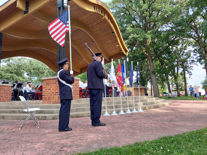 A Color Guard prepares to march during Joliet American Legion Band's performance of "The Stars and Stripes Forver" by John Philip Sousa, on Saturday, June 15, 2024, in Streator's City Park.