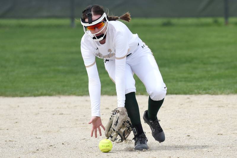 Bishop McNamara's Sophia Piggush fields a ground ball during a home game against St. Laurence Saturday, April 11, 2026.
