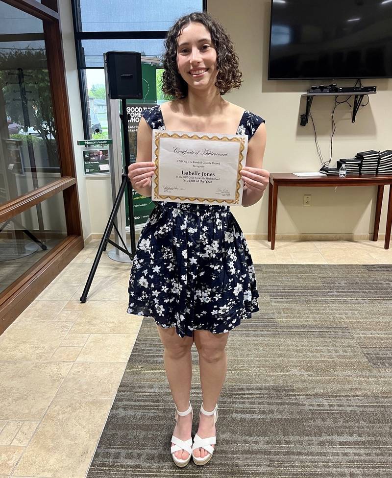 Isabella Jones was named the 2023-24 Yorkville High School Student of the year and was presented with her certificate and scholarship by the First National Bank of Omaha and the Kendall County Record at the award ceremony on May 9, 2024 at FNBO in Yorkville.
