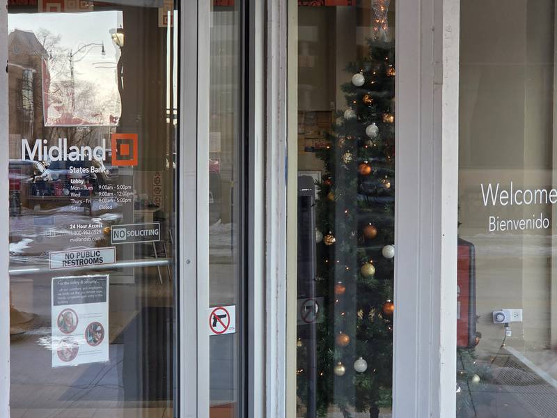 Midland States Bank, at 100 N. Chicago Street in Joliet, is seen on Tuesday, December 16, 2025.