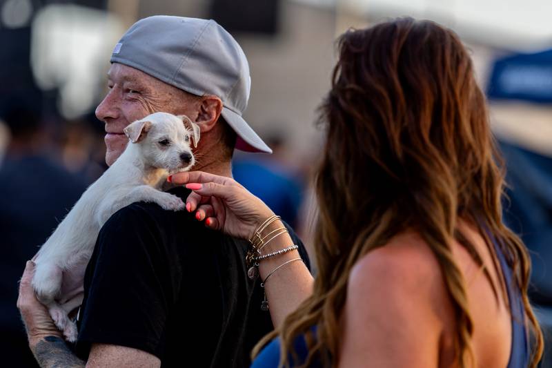 Joliet resident Steve Christakes smiles as his puppy Stewart gets lots of pets during Taste of Joliet on June 20, 2025.